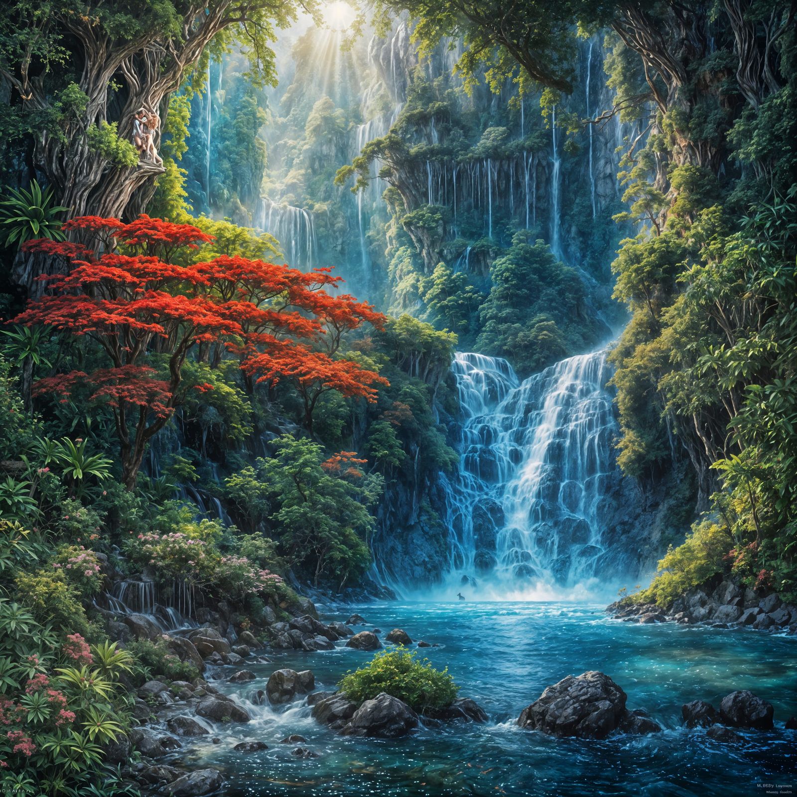 Stunning Crystal Blue Waterfall and Red Sun Rising in Fantas...