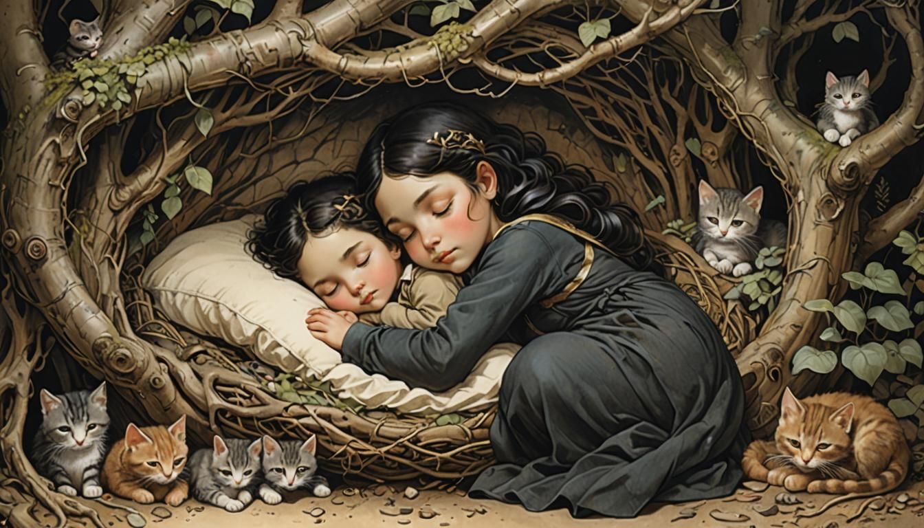 Chibi Woman and Cats in Art Deco Sleep Nook