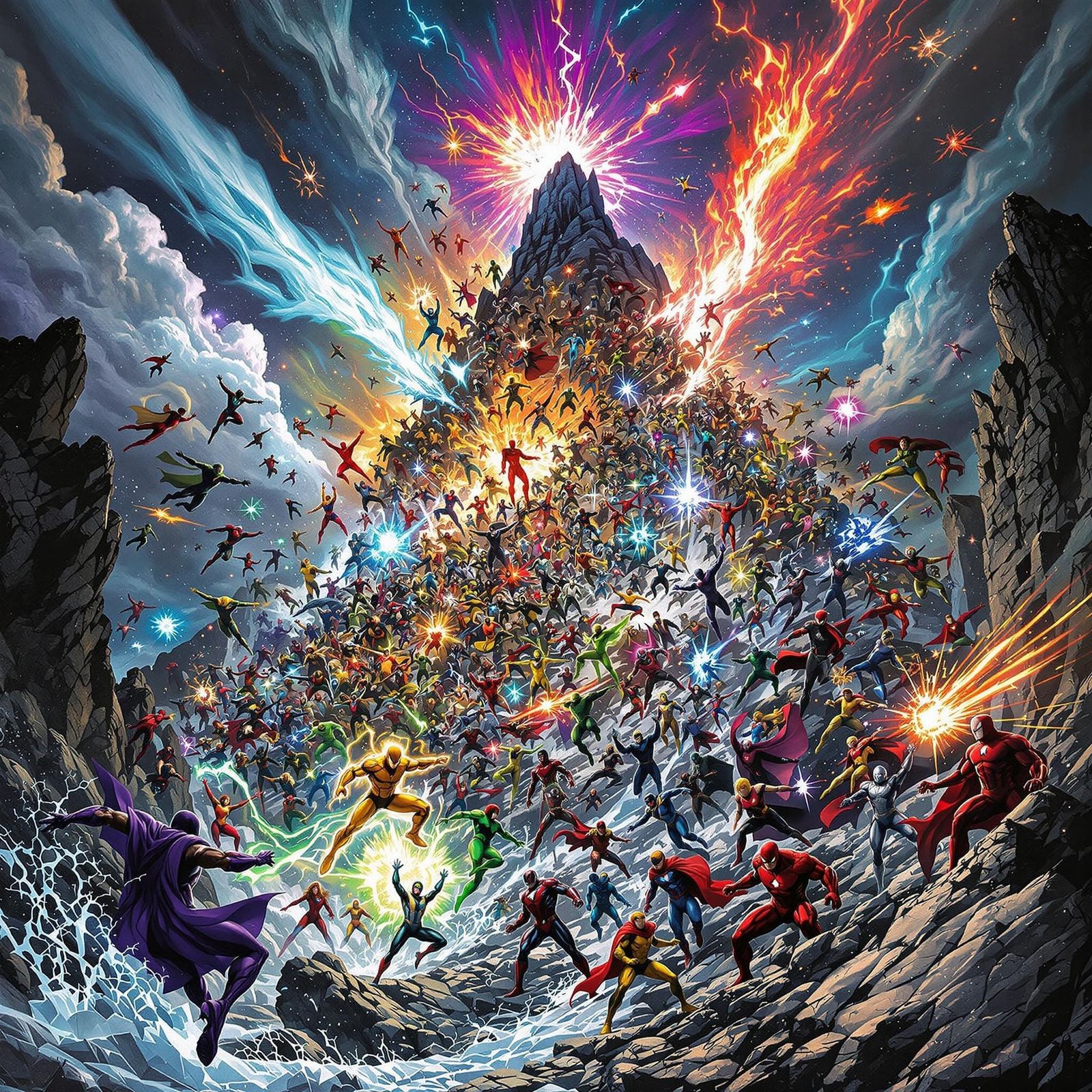 Super Heroes Clash in a Vibrant, Escher-Inspired Wonderland