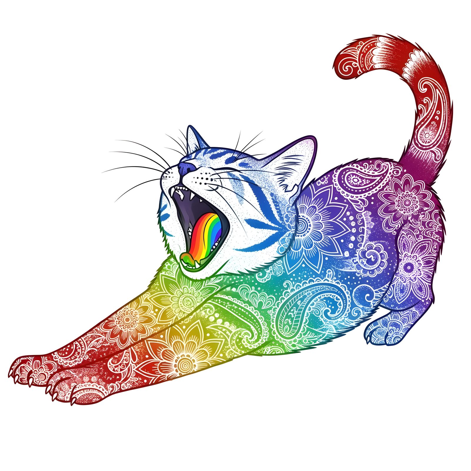 Psychedelic Cat Yawning with Rainbow Mandala Patterns