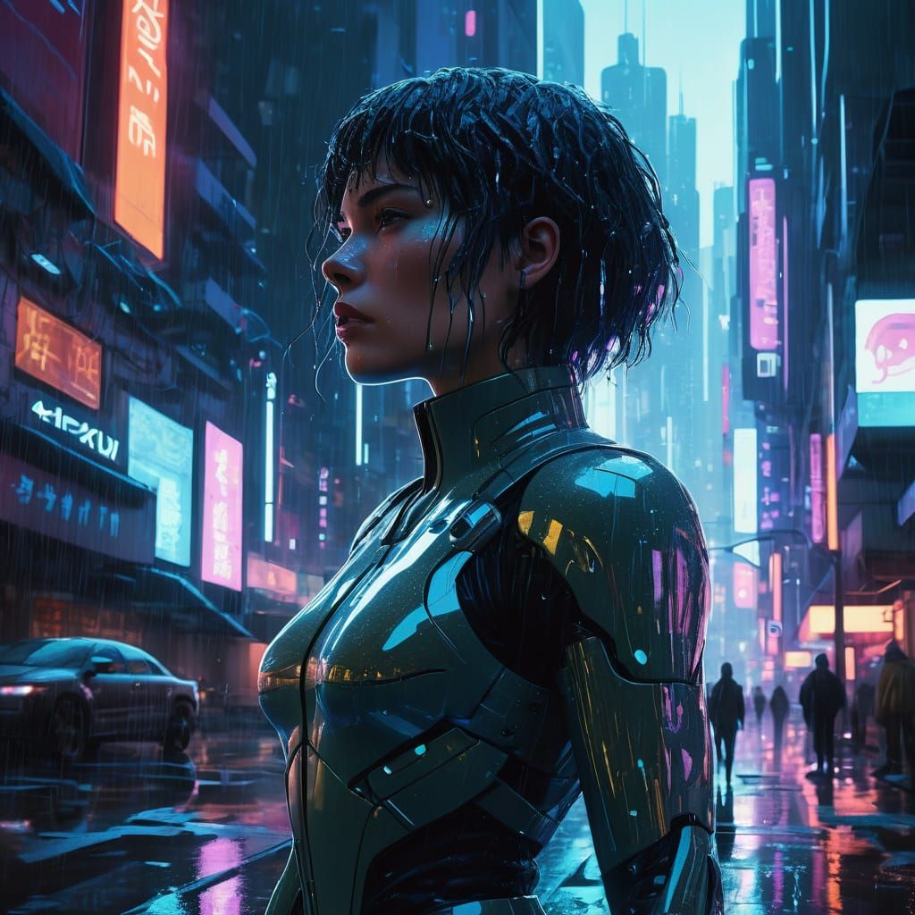 Neon-Noir Cyberpunk Goddess in a Rainy City