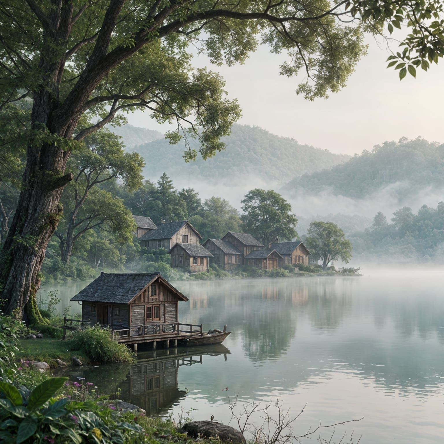 Magical Realism Village by Tranquil Lake with Ethereal Mist