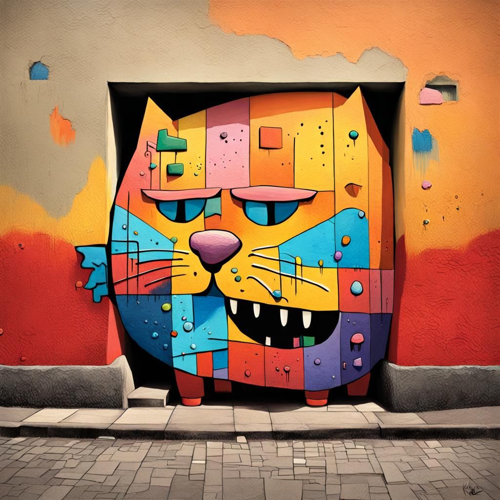 Angry Cat Graffiti Art Stepping Out of Wall