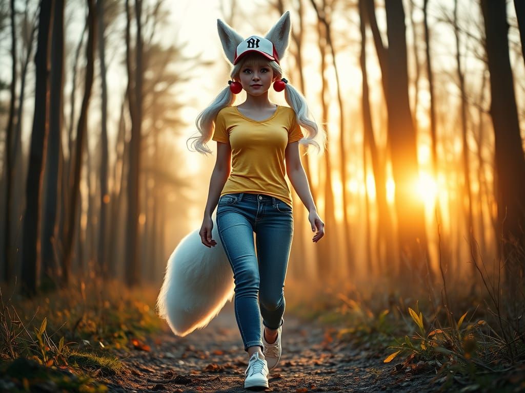 Fox-Eared Woman Walking in a Sunlit Forest