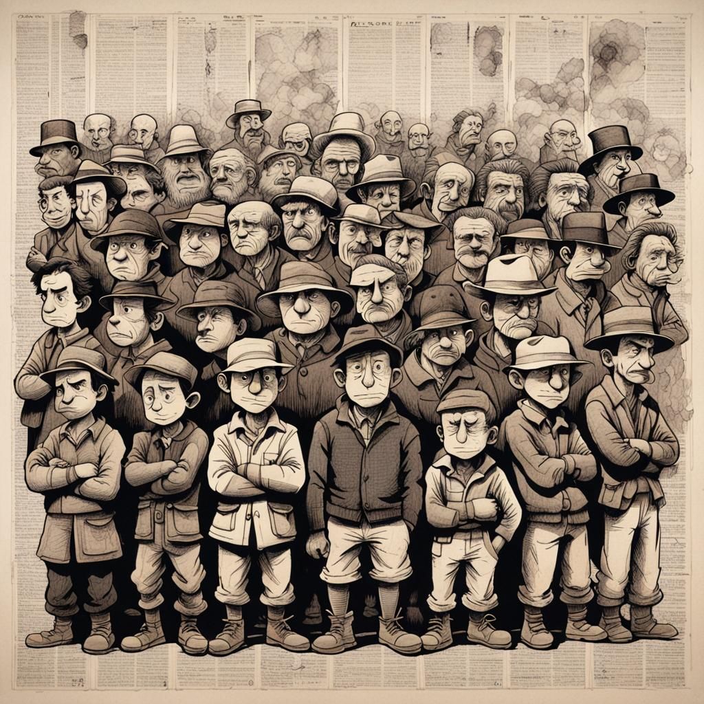 Cartoon Men on Newspaper with Ink Stains