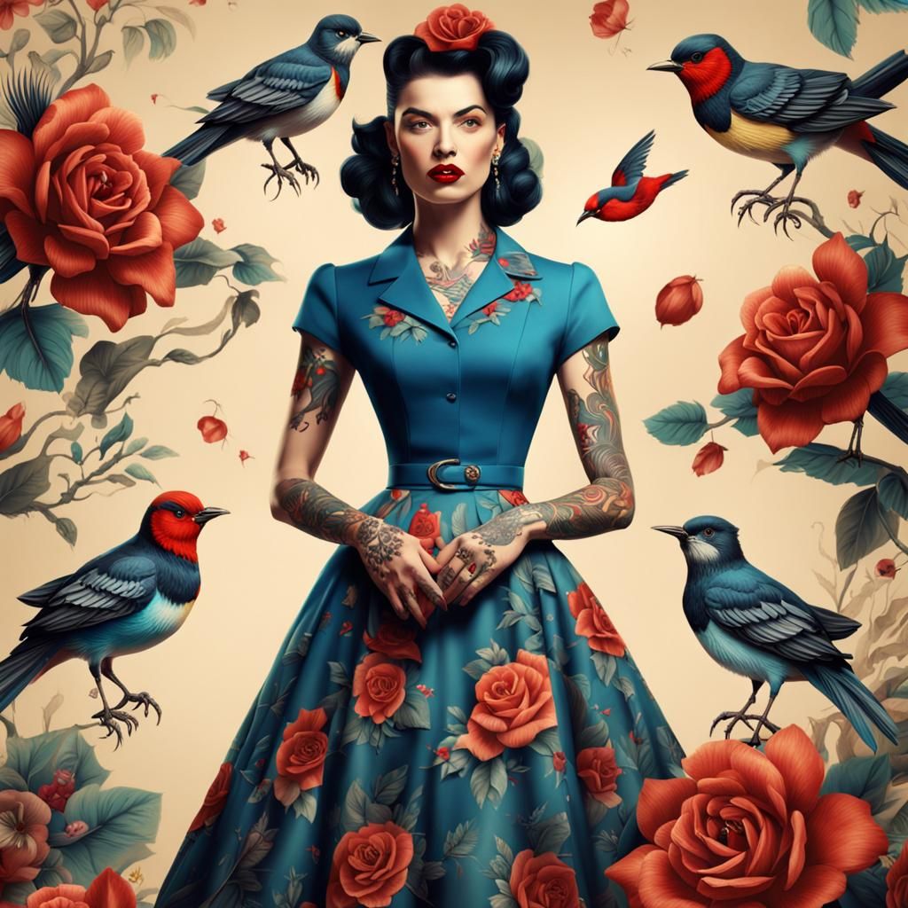 Vintage Woman with Tattoos in Detailed Digital Art