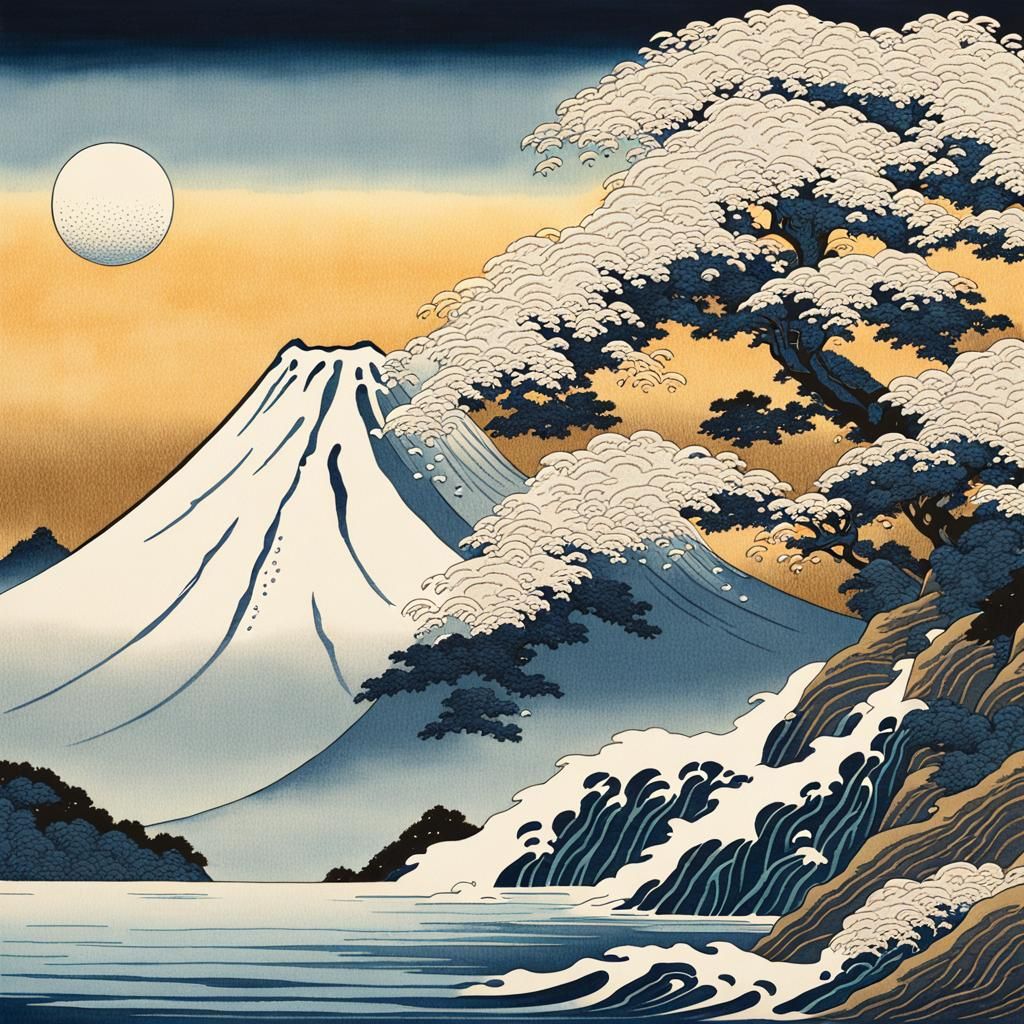 Snowcapped Mountain Waterfall in Ukiyo-e Style