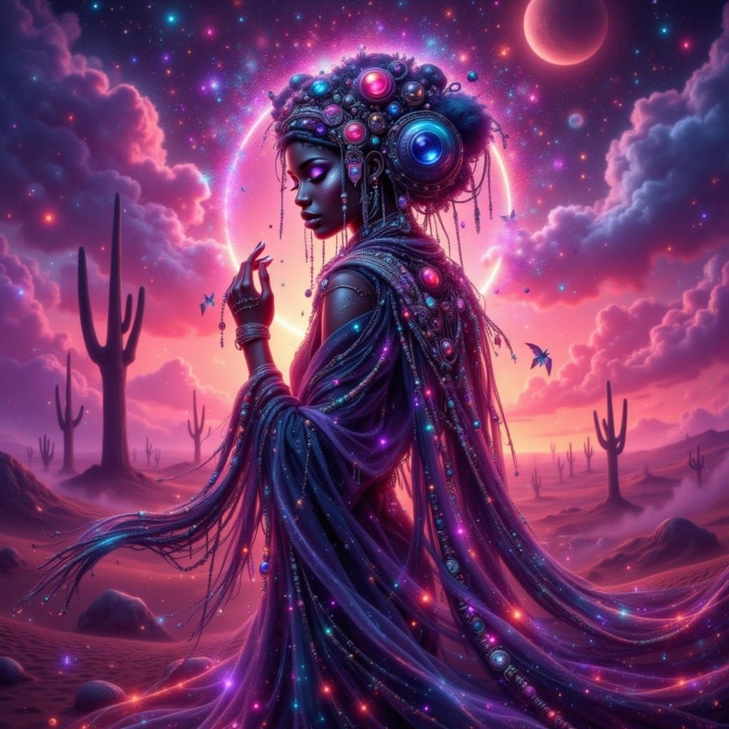 Desert Wanderer in Alien Sunset, Techno-Futuristic Style