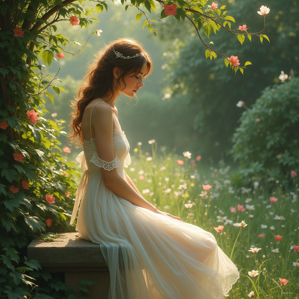 Woman in a Verdant Garden, Ethereal Illustration