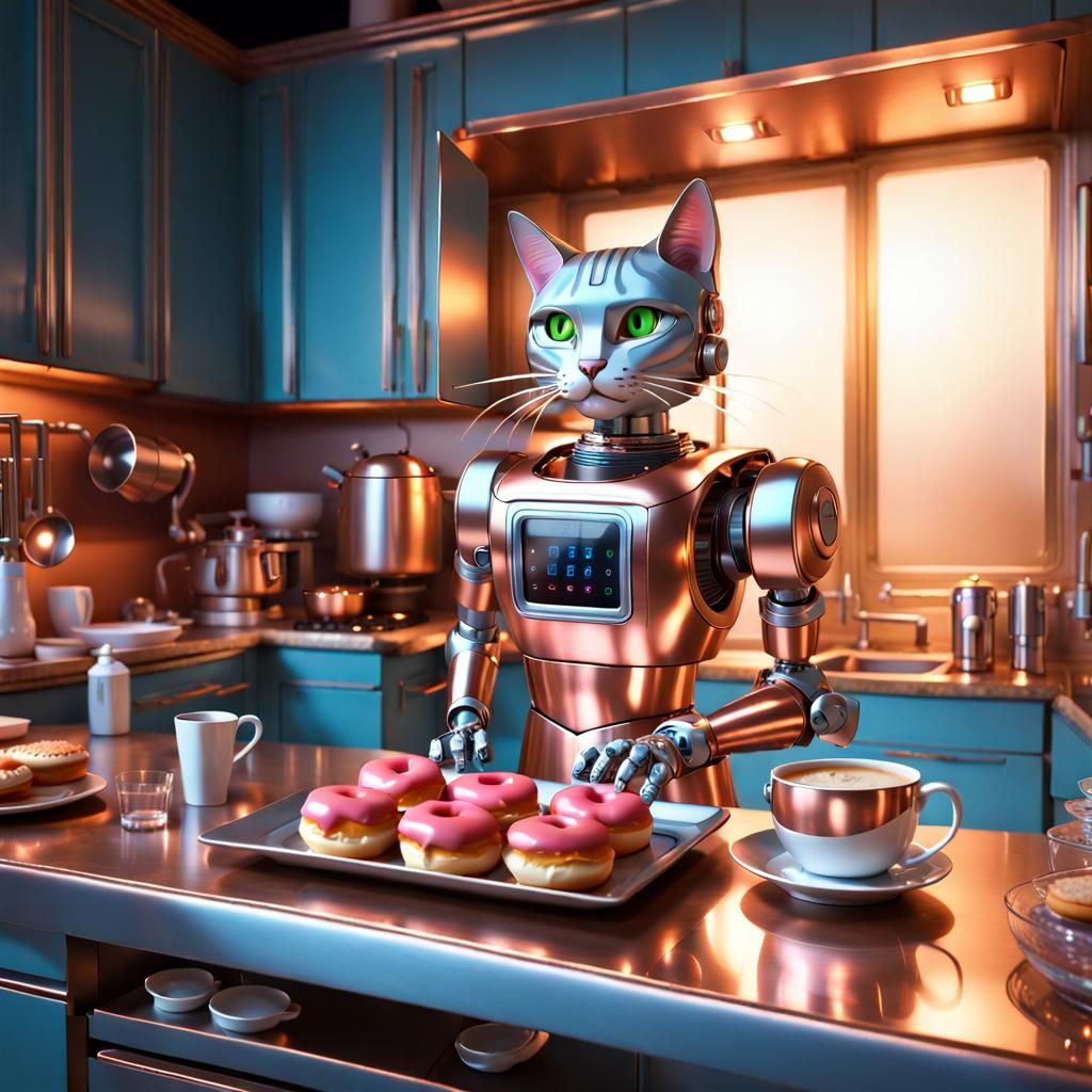 Robot Cat Butler Prepares Coffee, Sci-Fi Art
