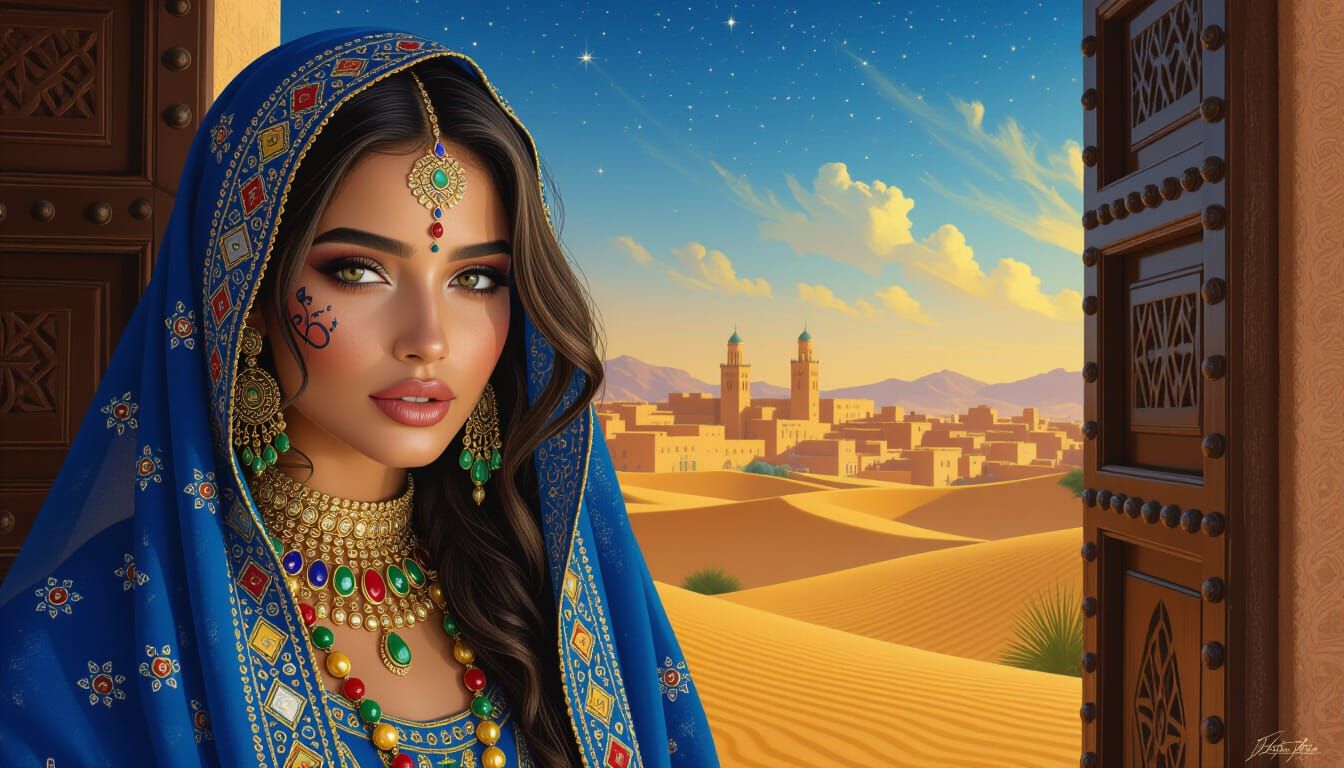 Moroccan Woman with Tifinagh Tattoo, Gemstones, and Desert C...