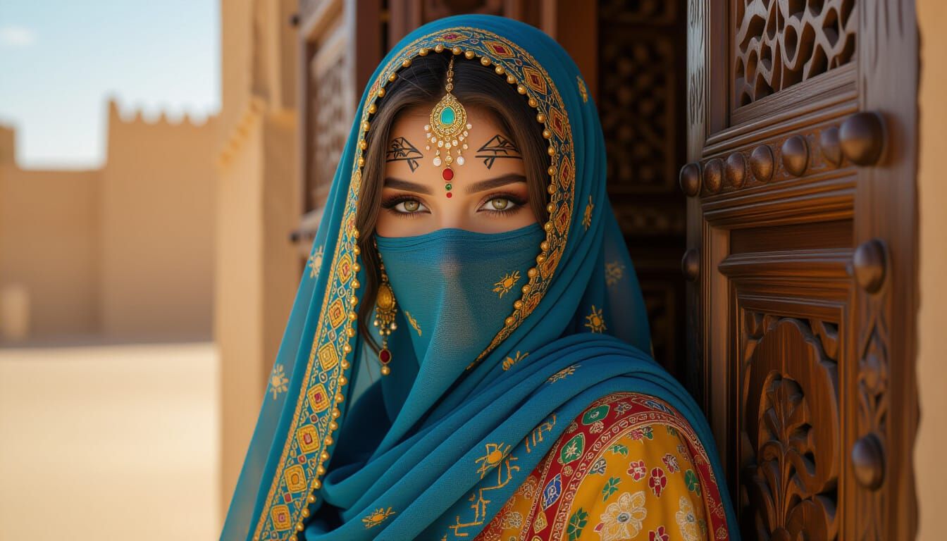 Moroccan Woman with Tifinagh Tattoos in Luxurious Fabric