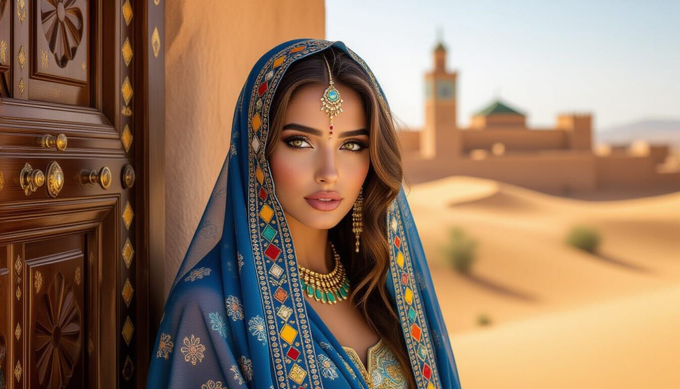 Beautiful Moroccan Woman with Glowing Eyes and Tifinagh Tatt...