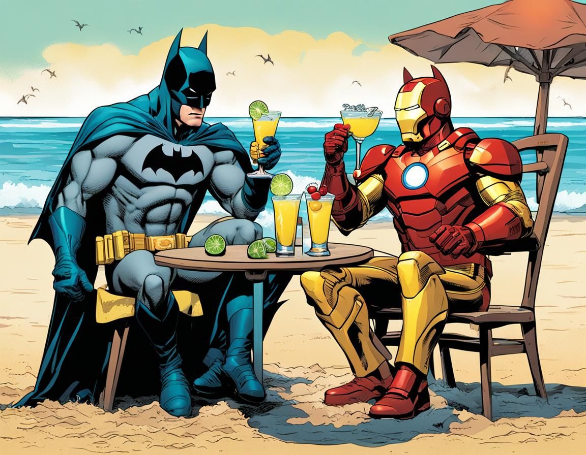 Batman and Iron Man, sipping margarita's on the beach