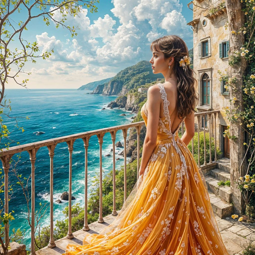 Ethereal Woman Gazing at Italian Coastline