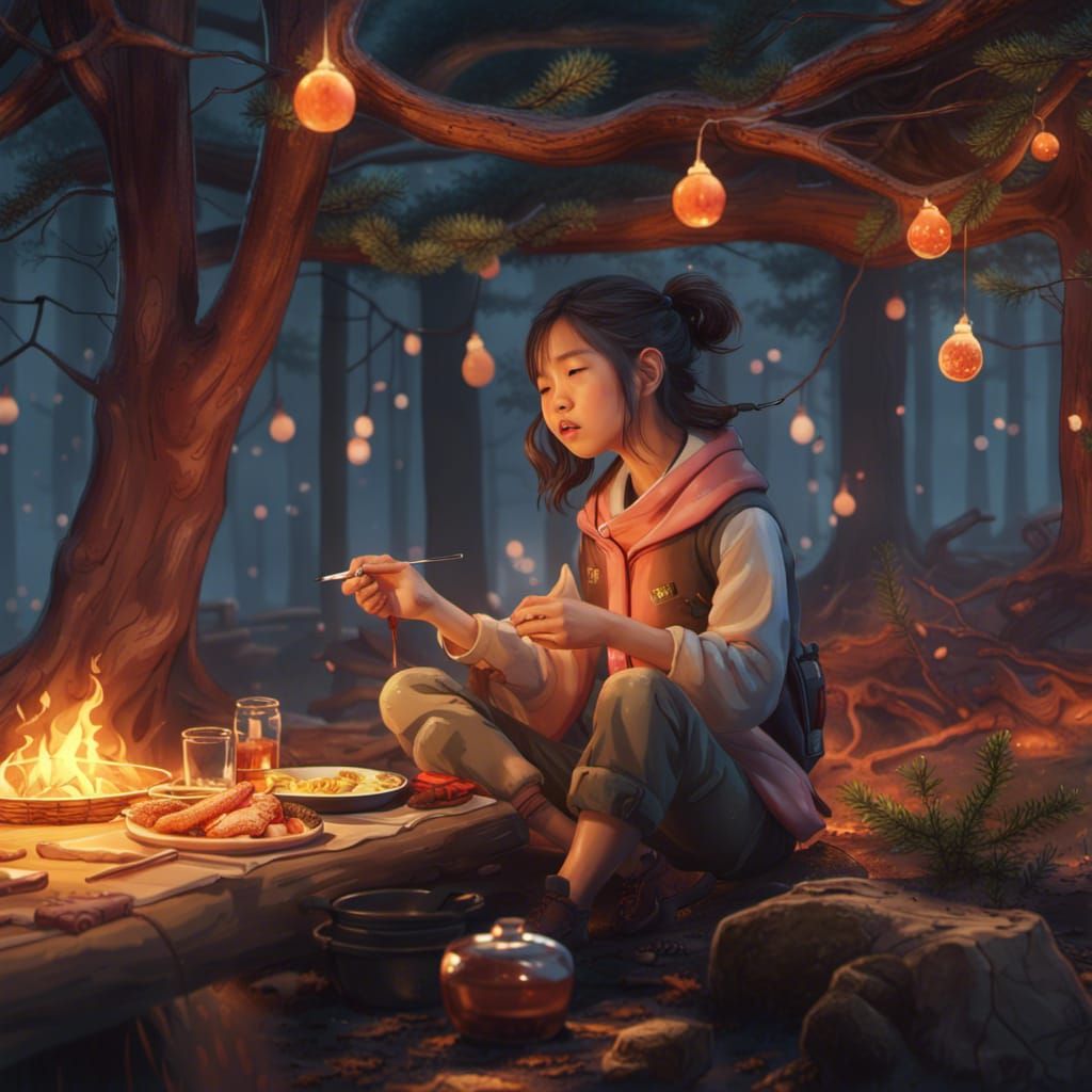 Korean Girl Camping in Pine Woods: Matte Painting