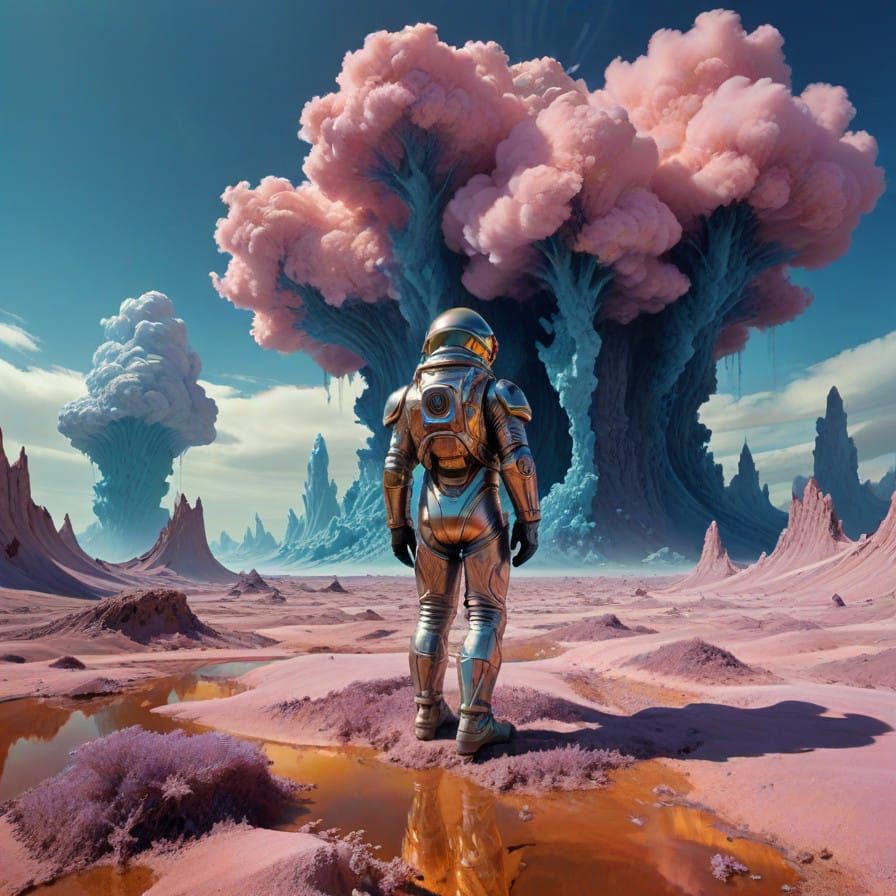 Futuristic Spacesuit Dances Among Gas Giant Clouds