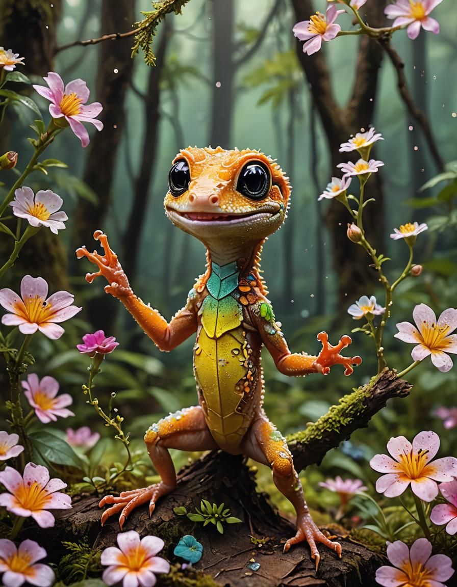 Chibi Gecko Smiles in Forest, Alcohol Ink Art