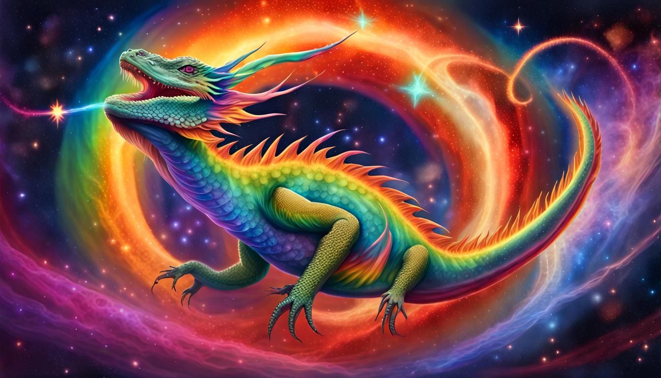 Cosmic Rainbow Dragon in Starry Nebula