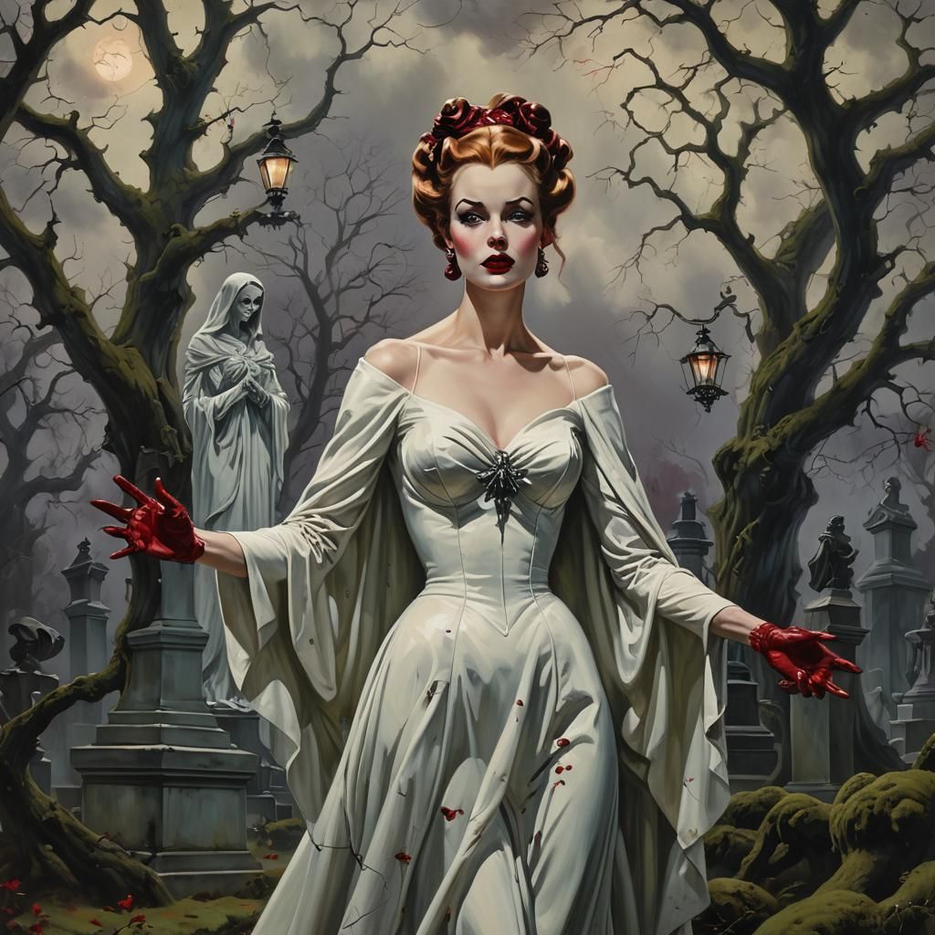 Ghostly Lady in Graveyard, Elvgren-style Painting