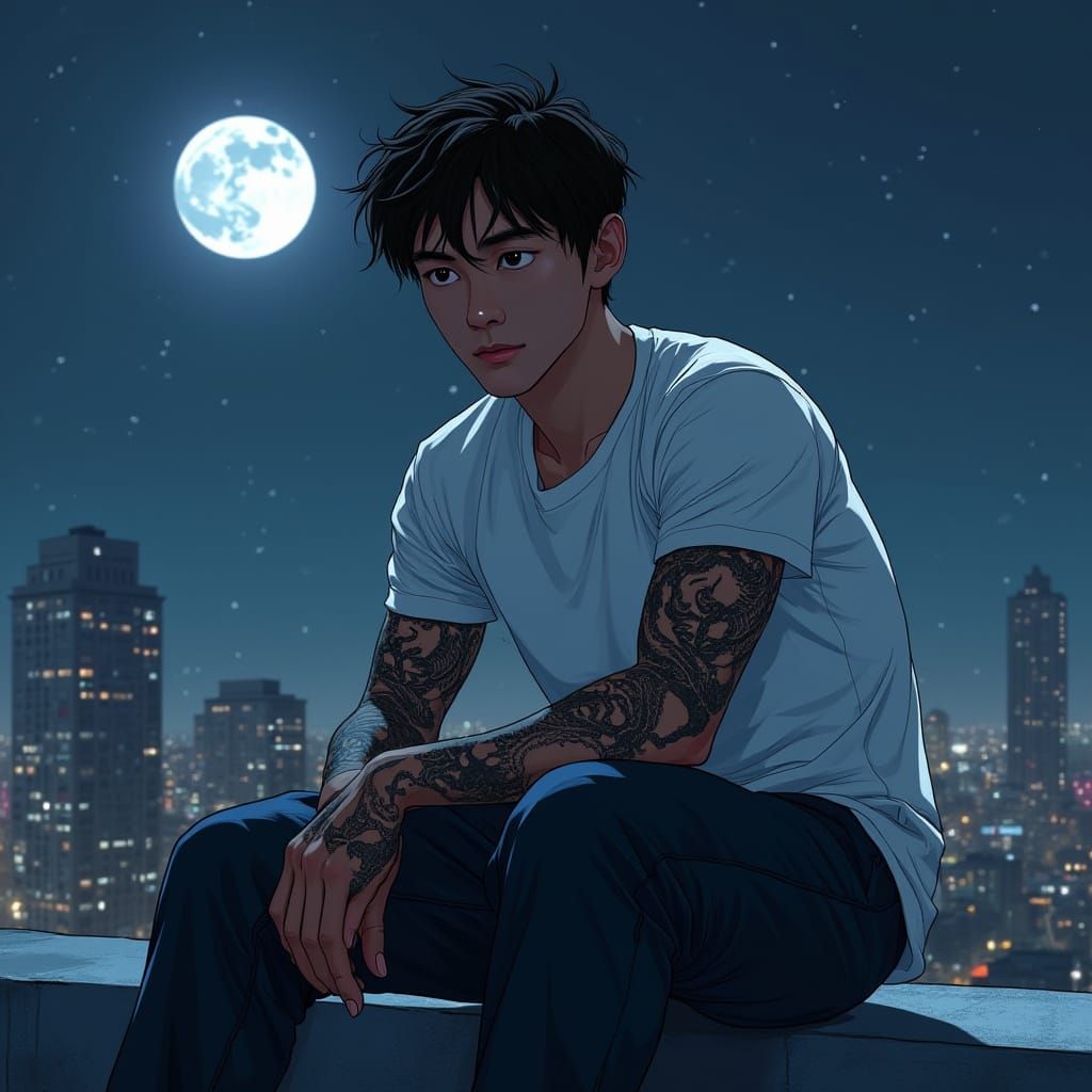 Midnight Contemplation: Chinese Man on Rooftop in Gritty Sty...