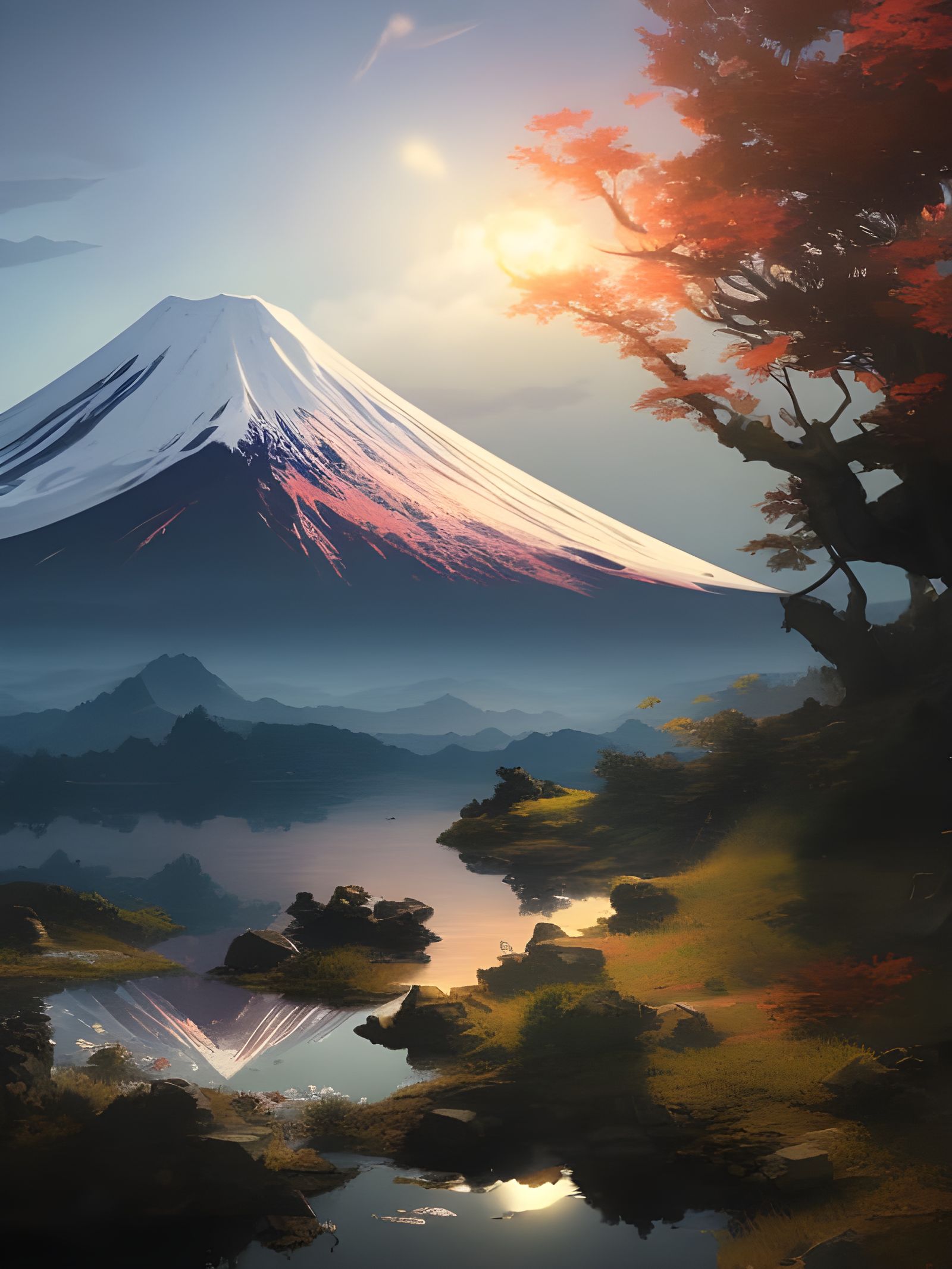 Mount Fuji Concept Art in Orange and Teal