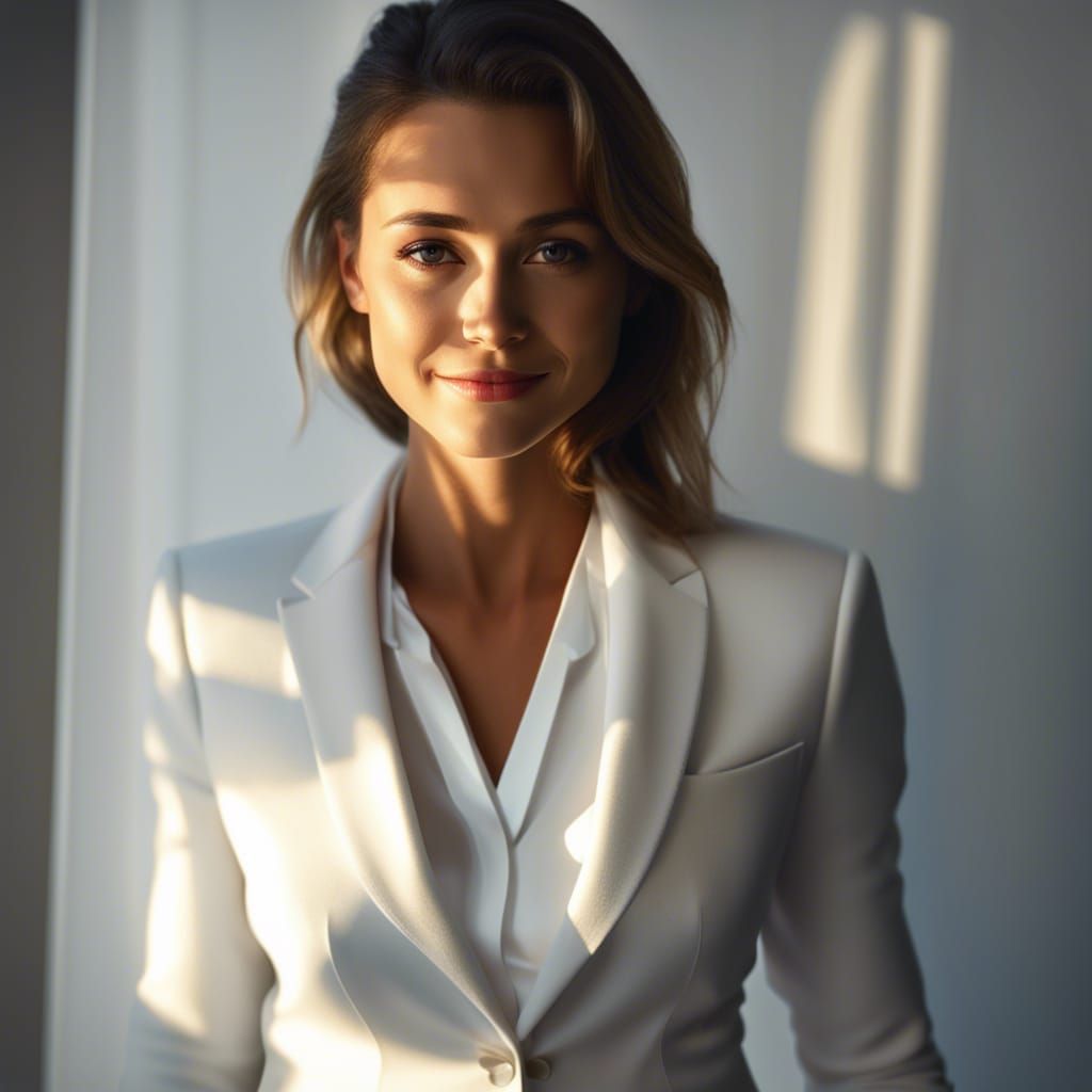 Beautiful Woman in White Suit: Photorealistic Art Shot