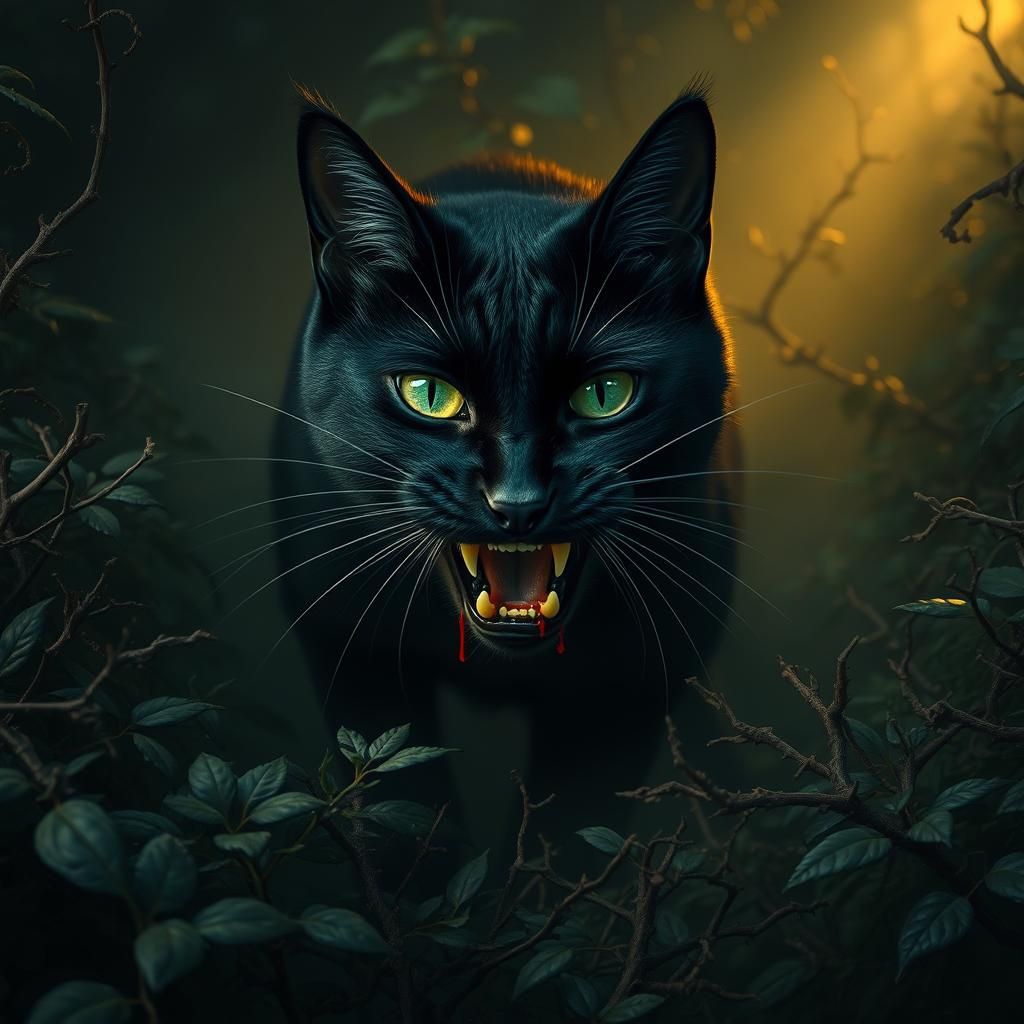 Black Cat Emerges from Bushes in Gothic Horror Style