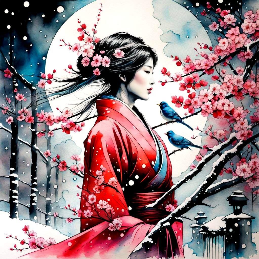 Snowy Cherry Blossoms in Ink and Watercolor