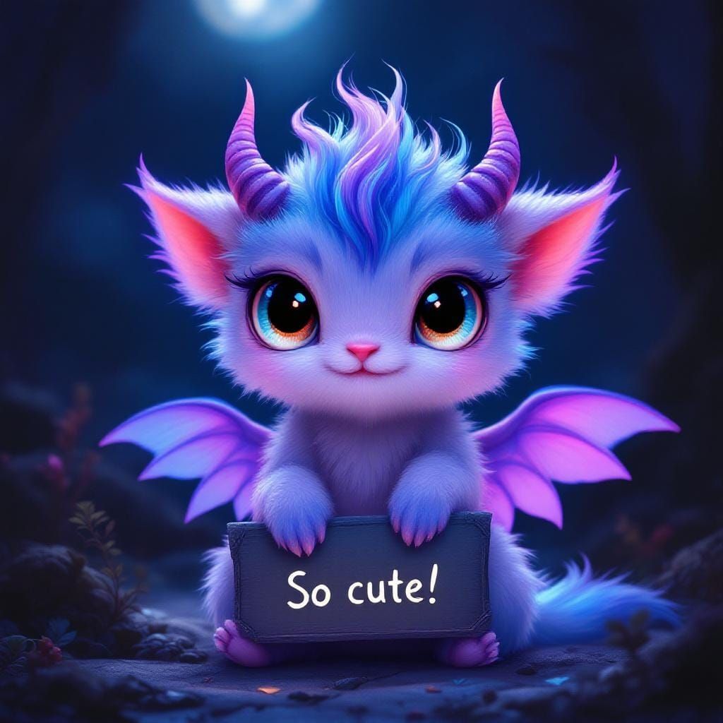 Adorable Mythical Creature with Multicolored Eyes in Fantasy...