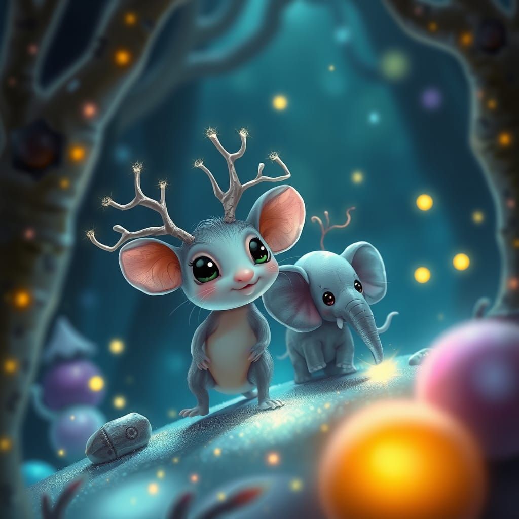 Mouse and Elephant Explore Bioluminescent Fantasy Forest