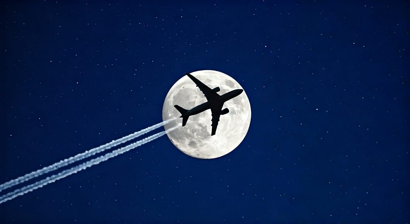 Jet Silhouetted Against Moon in Starry Sky