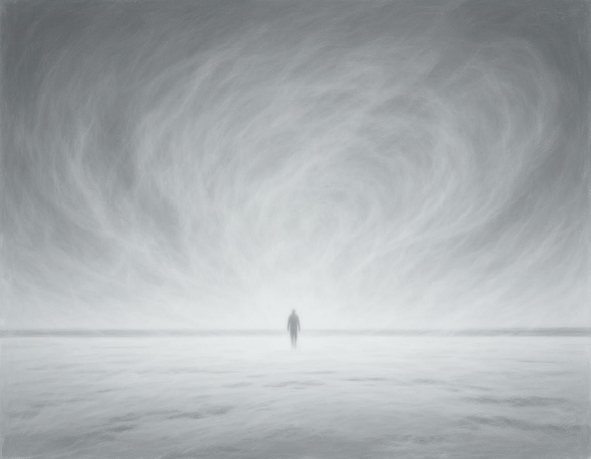 Antarctic Blizzard Scene with Lone Figure in Minimalist Abst...