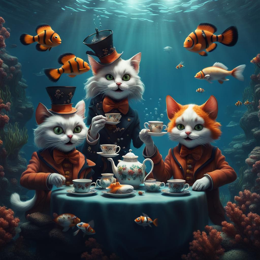 Cats' Underwater Tea Party in Detailed Matte Painting Style