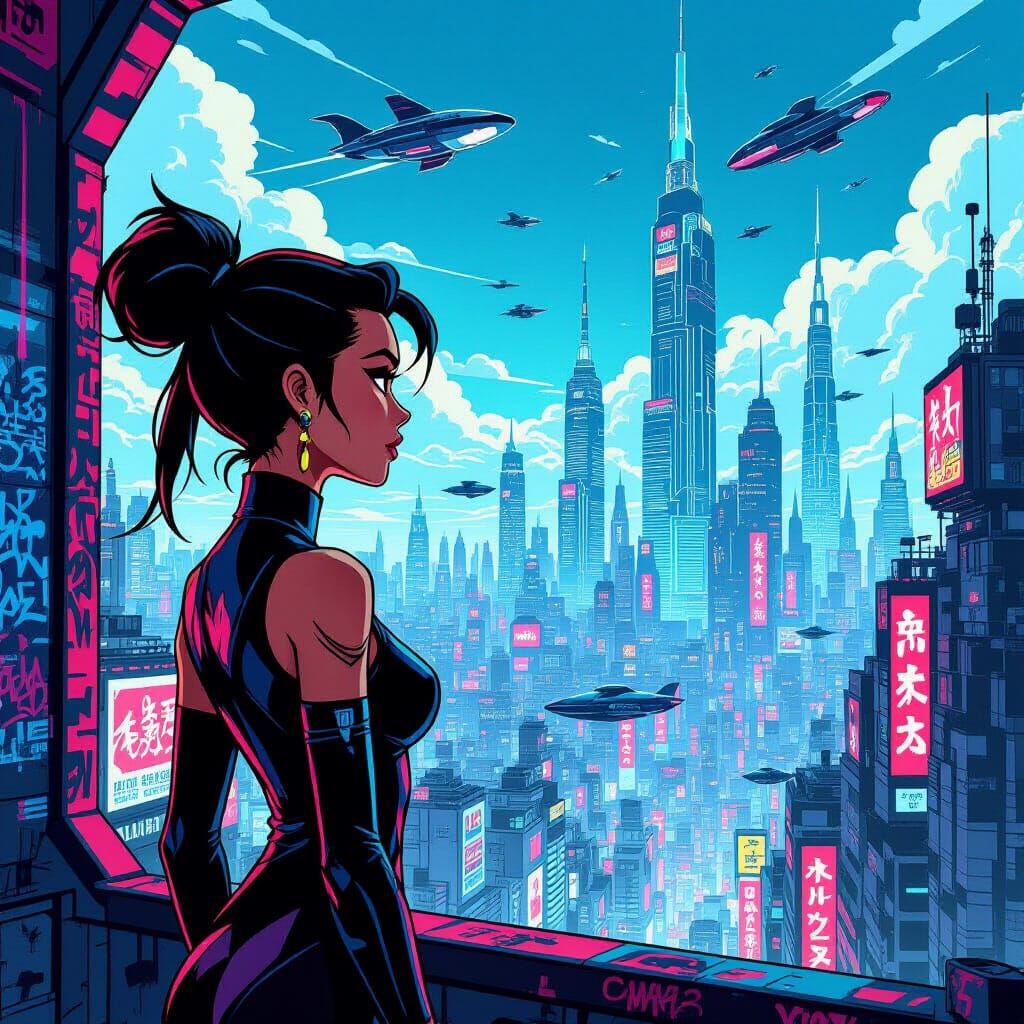 Cartoon Woman Overlooking Futuristic City in Graffiti Style