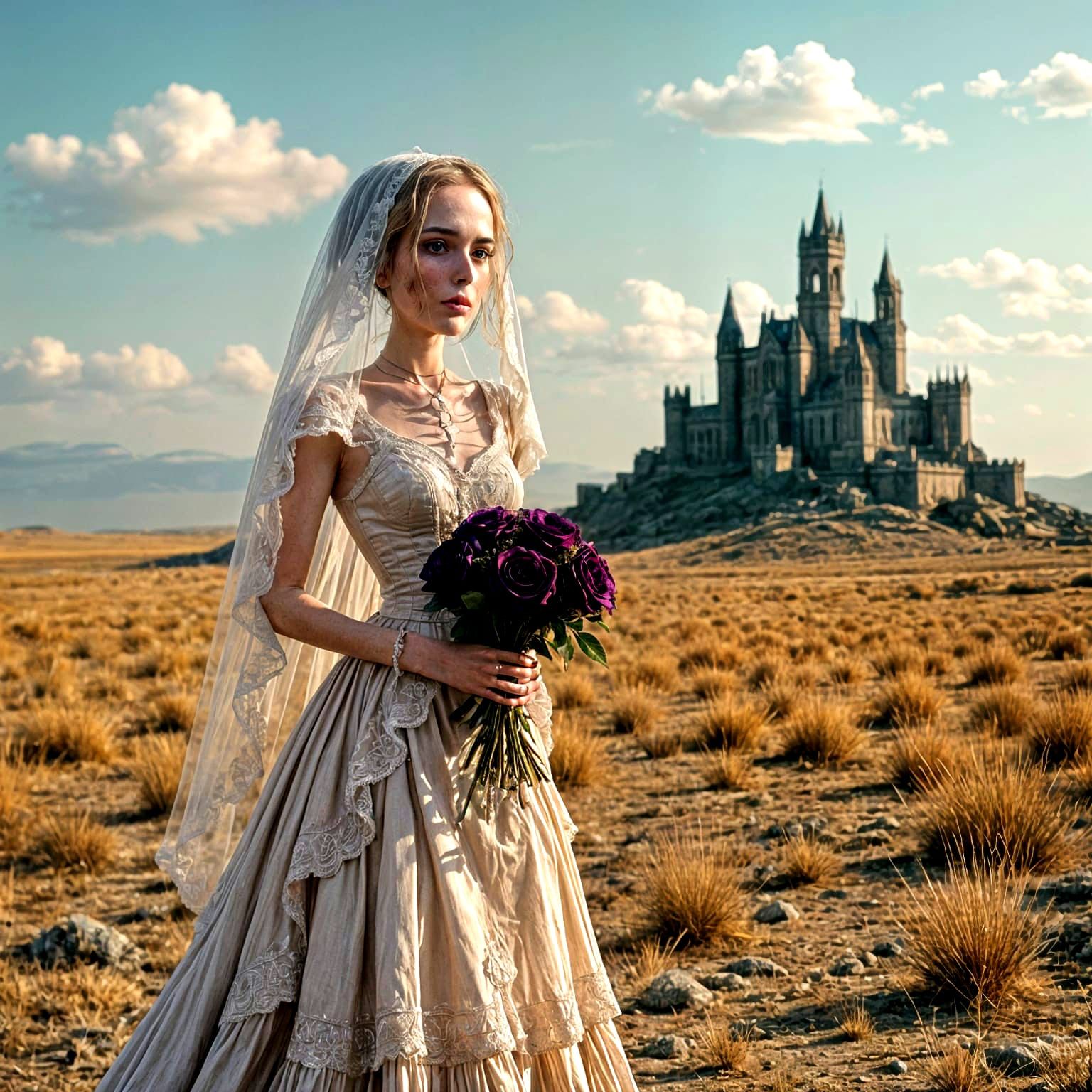 A lone skeleton bride, adorned in tattered Victorian lace, s...