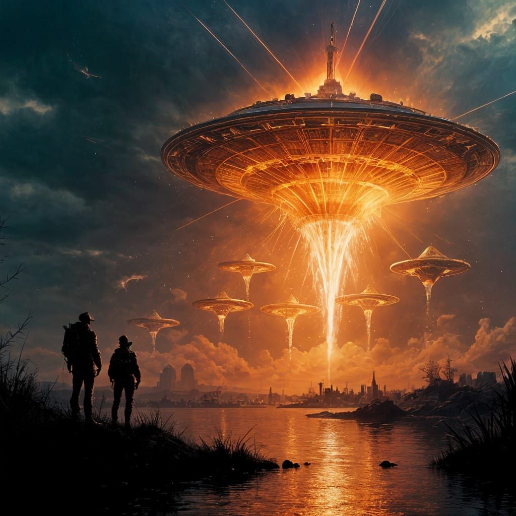 a fleet of UFOs descends on the earth as bystanders panic.  ...