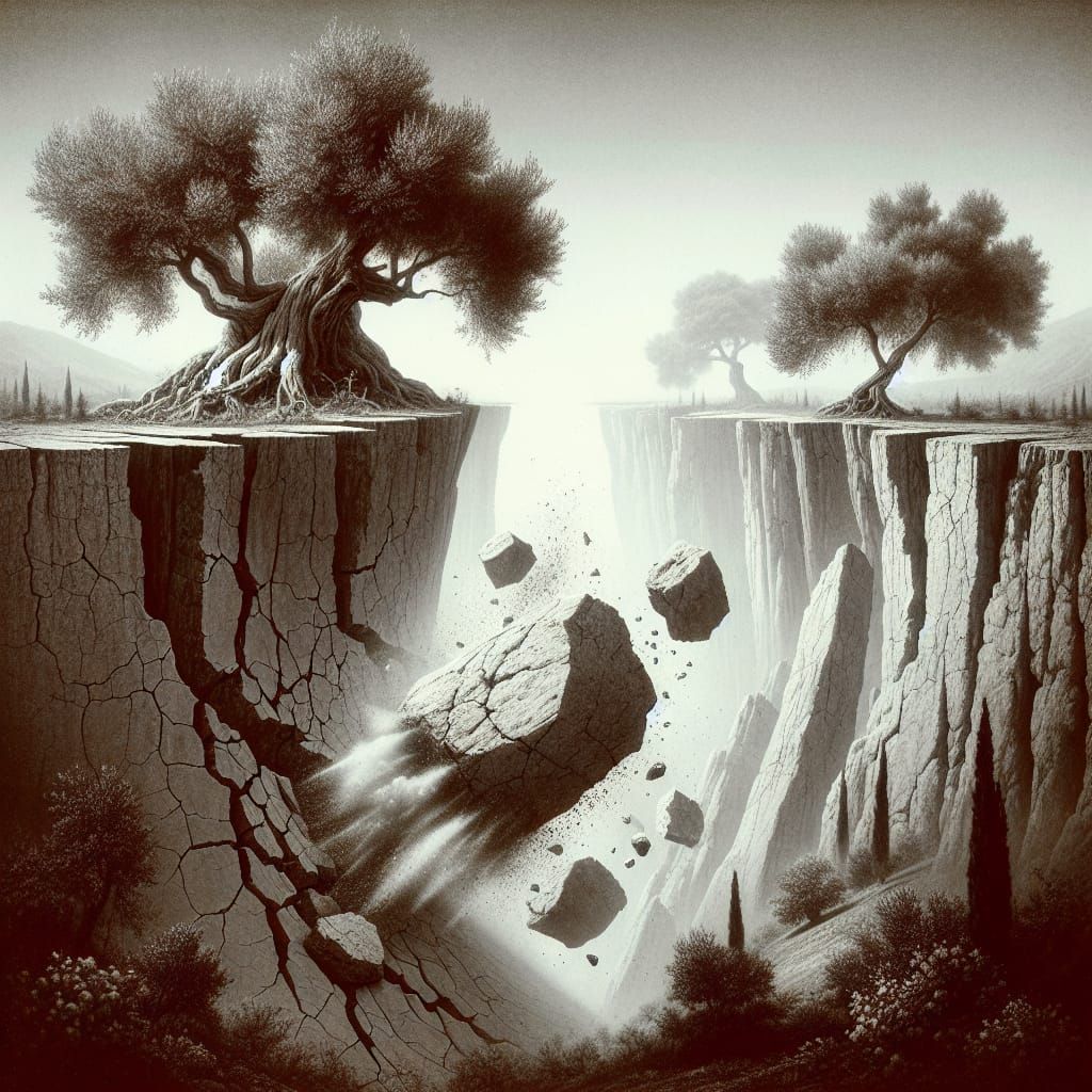 Earthquake Landscape with Olive Trees on the Brink