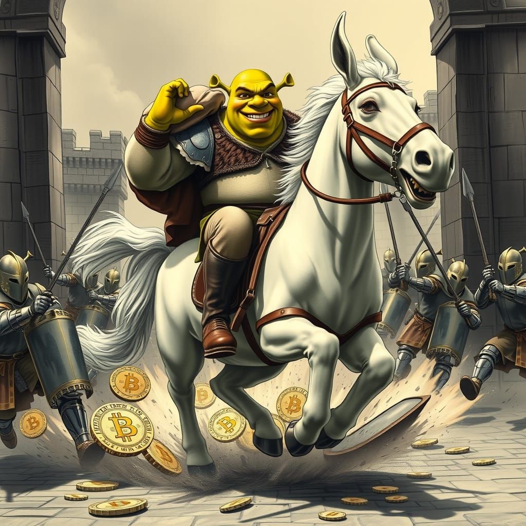 Heroic Shrek Charges into Battle with Bitcoins and Donkey