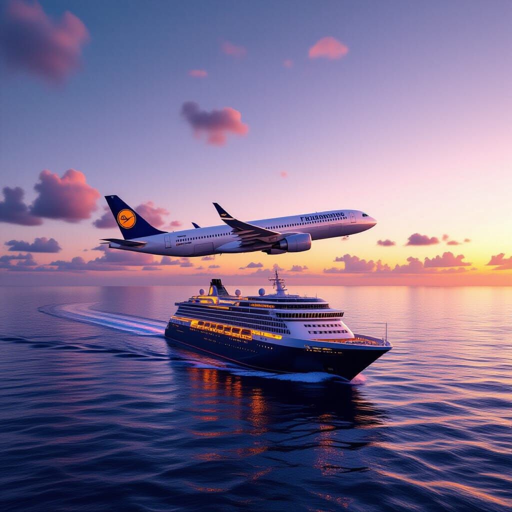 Jet Flies Over Cruise Ship at Dusk