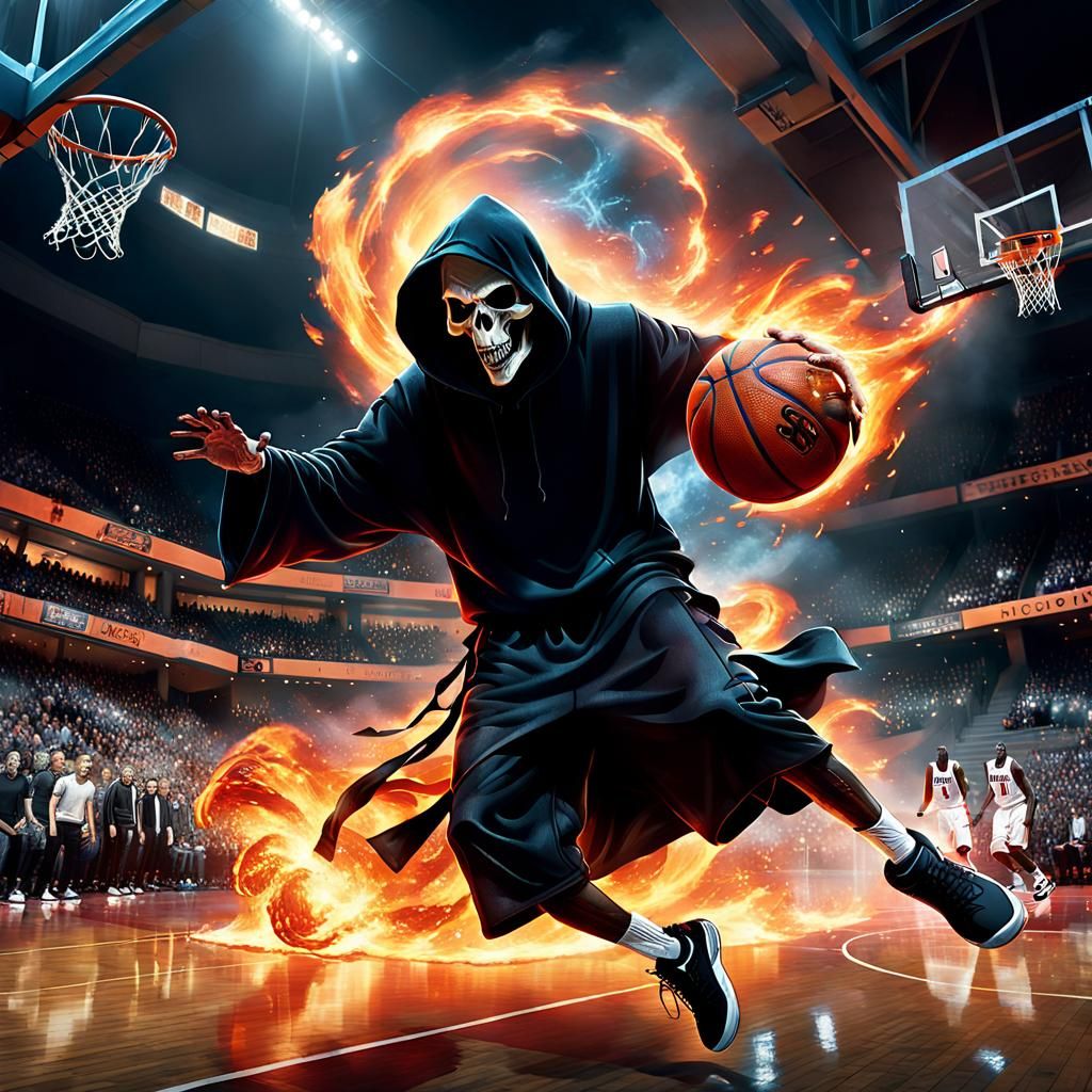 Grim Reaper playing basketball