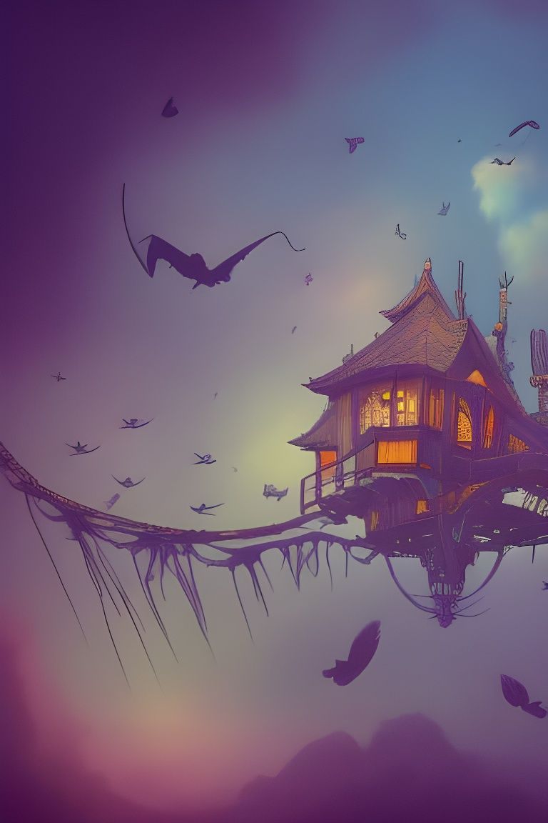 Floating Crow Treehouse with Ink and Watercolor Details