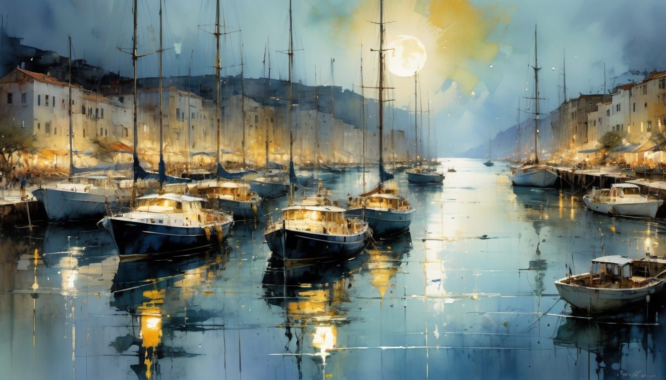 Moonlit Harbor: Watercolor Painting of Sailing Yachts