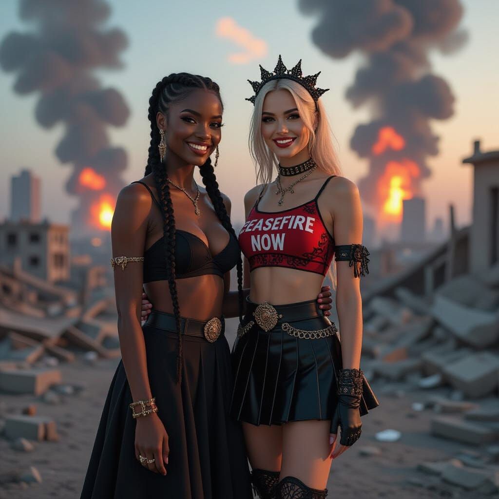 Two Women in Dystopian Cityscape with Explosions