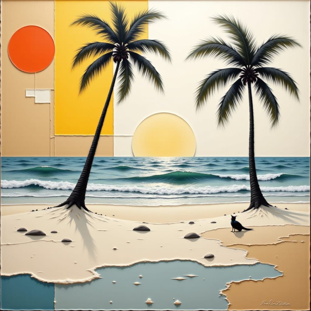 Summer time on the beach, palm tree, soft sand and waves, abstract oil on canvas p...