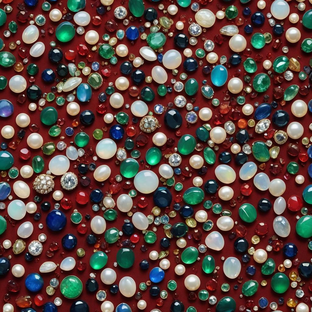 Precious Gems Scattered on Red Velvet: Cinematic Still