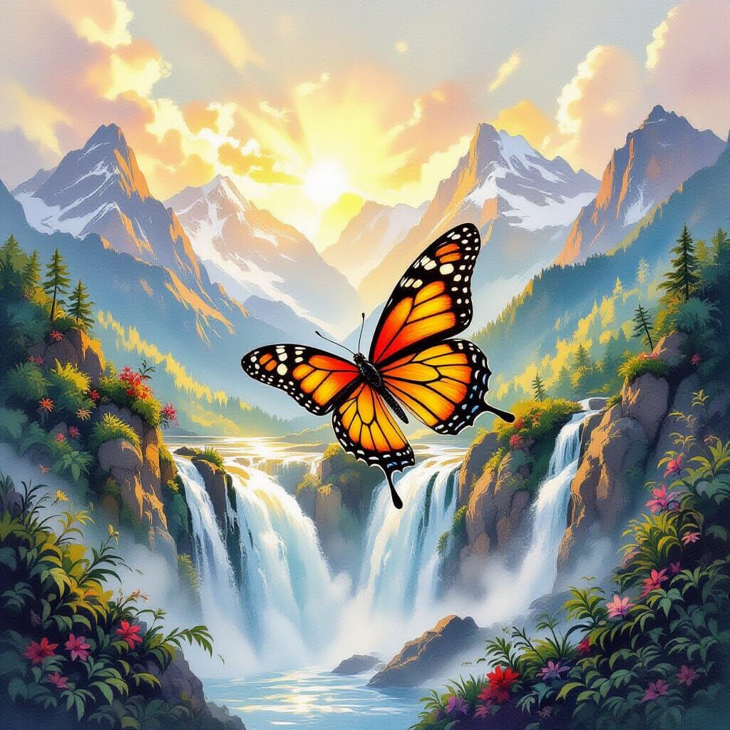 Butterfly in Mountain Landscape: Watercolor Fantasy Art