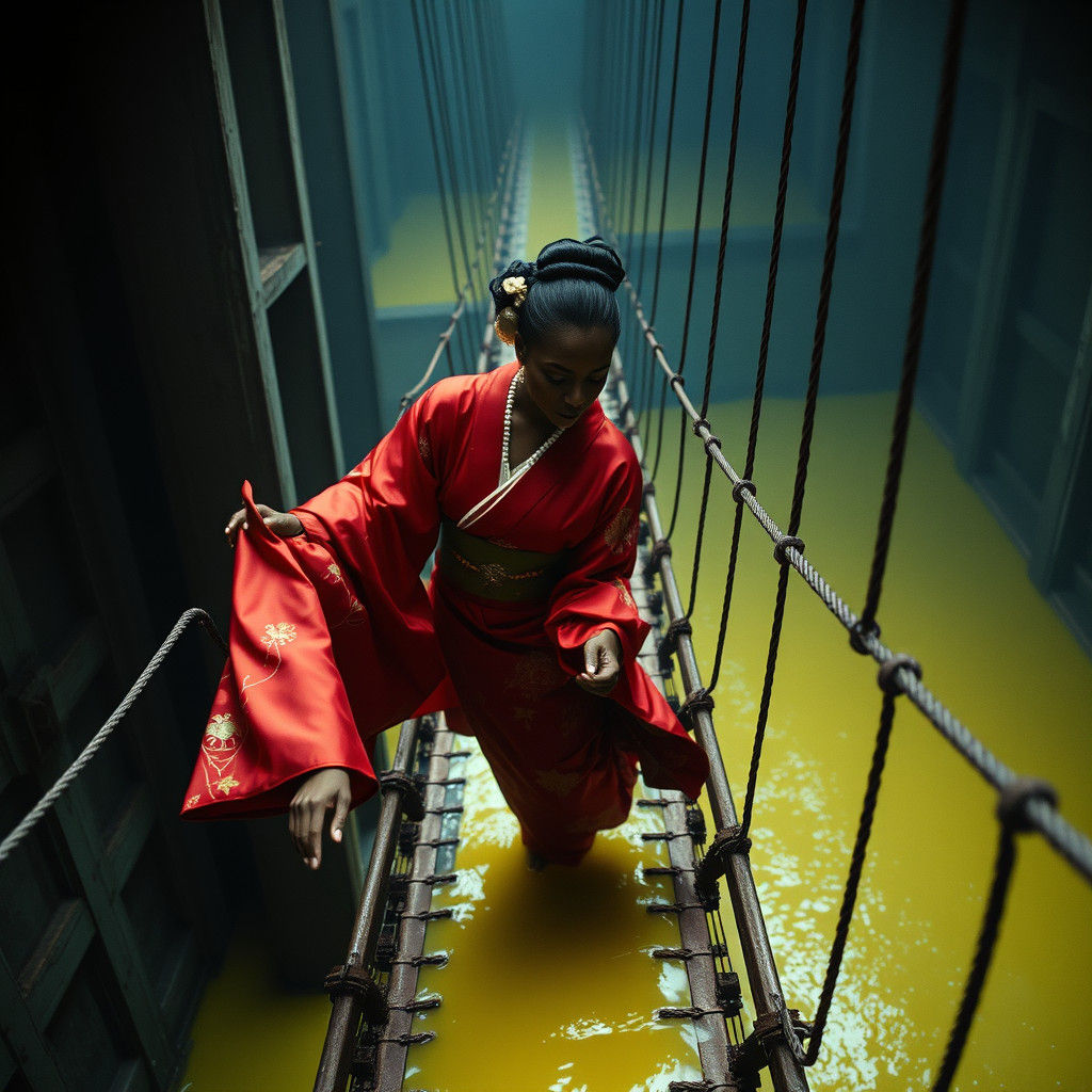 Woman in Kimono on Rusty Catwalk