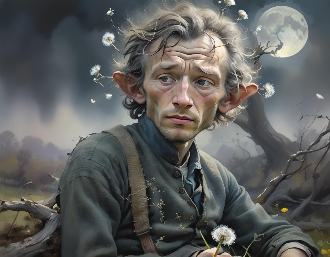 Weary Figure Resting Under Dandelions in Watercolor Style