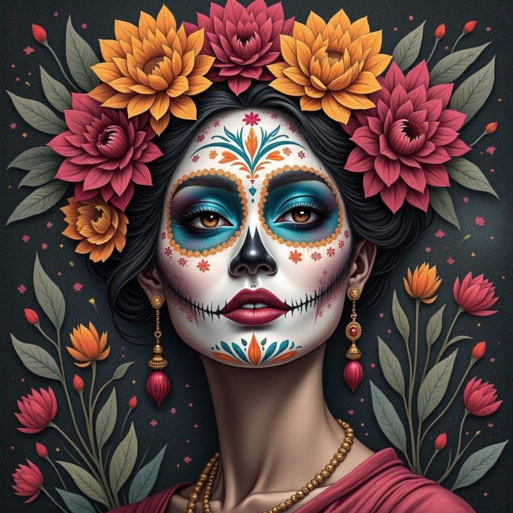 Beautiful Woman in Vibrant Día de los Muertos Face Paint, Ch...